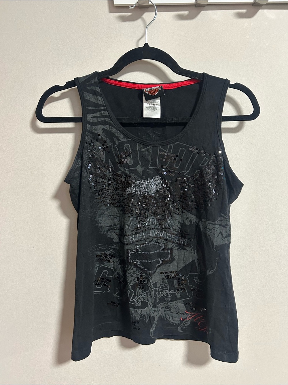 Harley-Davidson Black Tank with Sequin Eagle Graphic and Red Trim